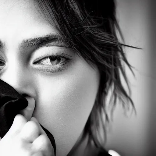 Image similar to black and white fashion photograph, highly detailed portrait of a depressed girl as a drug dealer on a busy Paris street, detailed face looking into camera, eye contact, natural light, rain, mist, lomo, fashion photography, film grain, soft vignette, sigma 85mm f/1.4 1/10 sec shutter, Daren Aronofsky film still promotional image, IMAX 70mm footage