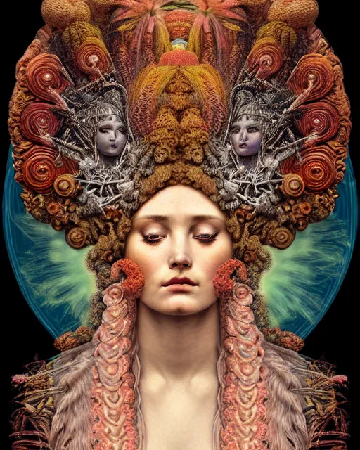 Image similar to hyperrealistic detailed face portrait of the beautiful goddess of the volcanos with an intricate headdress of an erupting volcano, art by ernst haeckel, john william godward, android jones, h. r. giger, gothic - cyberpunk, ornamental, dimmed pastel colours,