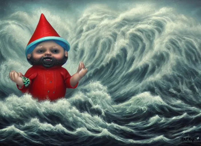 Image similar to a terrified garden gnome sailing in a bucket, background of raging ocean with huge waves on a stormy day with dramatic thunderhead clouds, an ultrafine detailed painting by mark ryden, trending on deviantart, pop surrealism, whimsical, lowbrow, rainy, perfect symmetrical face