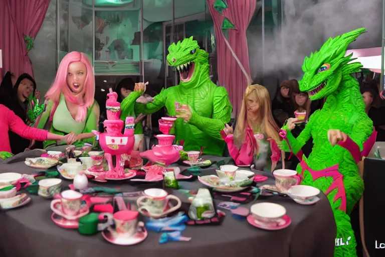 Prompt: Godzilla tea party with Barbie, plastic barbie doll, green rubber suit godzilla, by Liam Wong