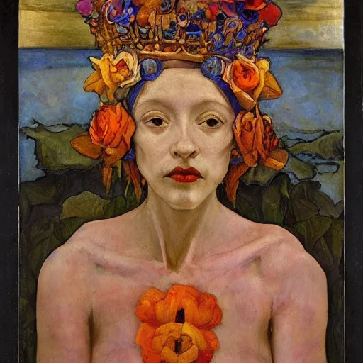 Image similar to the crown of flowers and bones, by Annie Swynnerton and Nicholas Roerich and Diego Rivera, bioluminescent skin, elaborate costume, geometric ornament, symbolist, cool colors, smooth, sharp focus, extremely detailed