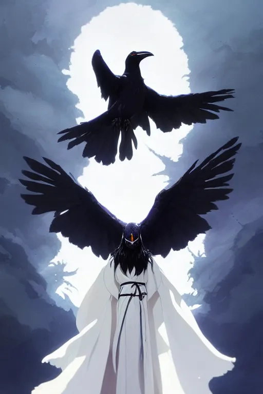 Image similar to raven headed warlock doing magic spells wind, white robes, finely detailed perfect face, exquisite details, mid view, design on a white background, by studio muti, greg rutkowski makoto shinkai takashi takeuchi studio ghibli