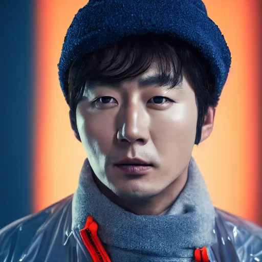 Image similar to a close up photographic portrait of a handsome korean actor wearing wet weather gear looking worried taken by annie leibowitz. cinematic lighting, blue background colour, 5 0 mm, subsurface scatter.