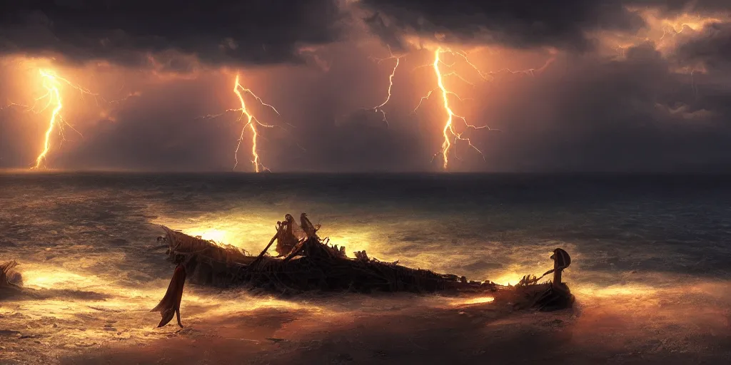 Prompt: epic medieval woman ship pilot face down shipwrecked on a beach, beach leads into dark forest and hills, dramatic dark glowing golden neon sunset with thick wall of lightning storm clouds, dynamic lighting, hyperrealistic, hd 4 k, artstation