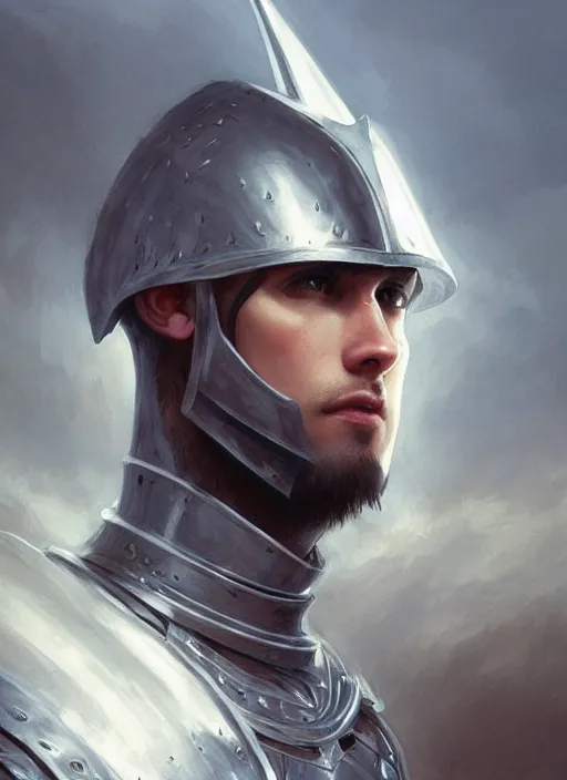 Image similar to handsome male knight in armor, profile!! murky lighting, wind blowing, portrait, fairytale, physical mental perfection, symmetrical! intricate, romanticism, highly detailed, biblical divine holy perfection!! digital painting, artstation, concept art, smooth, sharp focus, by artgerm and greg rutkowski and alphonse mucha