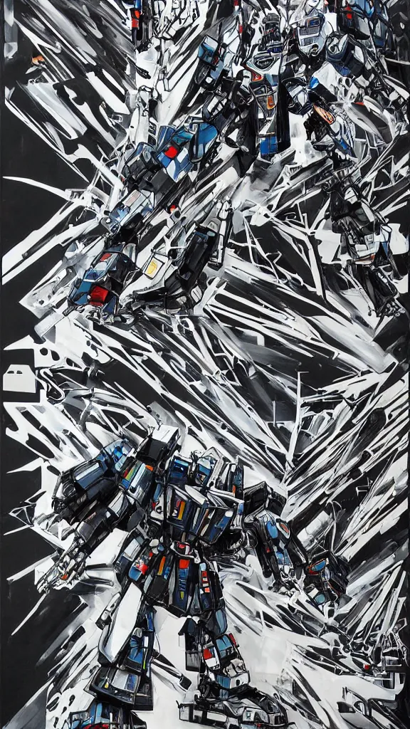 Prompt: street art painting collage architectural elevation gundam mech linework wild style grafitti drawing black and white mixed media by hiroki tsukuda zaha hadid