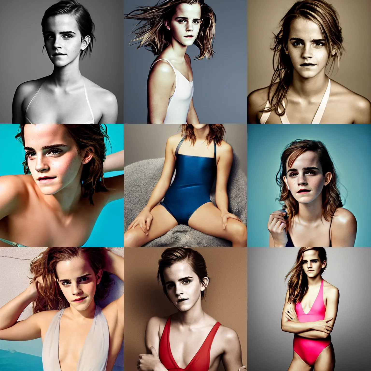 Prompt: Photo of Emma Watson in swimsuit, soft studio lighting, photo taken by Martin Schoeller for Abercrombie and Fitch, award-winning photograph, 24mm f/1.4
