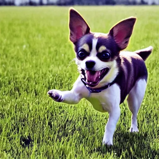 Image similar to my dream puppy: an extremely adorable chihuahua! she is so playful and happy. In this photograph, she is pictured prancing through a field on a bright, sunny summer afternoon. Her mouth is open and her tongue is out. She barks playfully as we play fetch in the field.