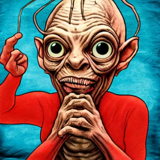 Prompt: Gollum with big red eyes smokes blunt
