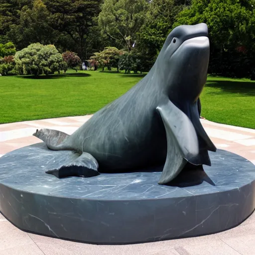 Prompt: huge marble statue of a whale with legs in a public park, hi - res photo