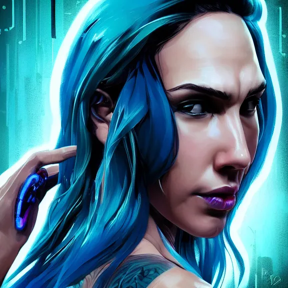 Image similar to “hiperrealist close up portrait of cyberpunk Gal Gadot with blue hair, digital art, concept art, neon colors, studio lightning, high contrast, sharp focus, high detail, photorealist, Artstation HQ, DeviantArt, cybernetics, techwear, urban samurai, netrunner, Shadowrun, Cyberpunk 2077, Deus Ex, 4k UHD, Unreal Engine 5”