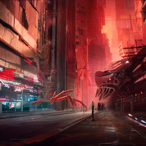 Image similar to a giant terrifying cyber shrimp destroying a dystopian city, cyberpunk, dystopian, god, evil, villain, sharp focus, dynamic lights, still, photograph, hyper realistic, masterpiece, octane render, rendered, 3 d, cinematic, cinematic lighting, dramatic lighting, highly detailed, intricate details, texture, cinematic composition, by donglu yu and kevin jick and eddie del rio