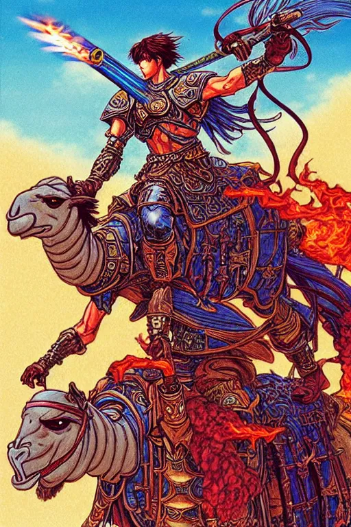 Image similar to illustration of warrior with a flaming sword riding a camel, praise the sun, in the style of moebius, ayami kojima, 1 9 9 0's anime, retro fantasy