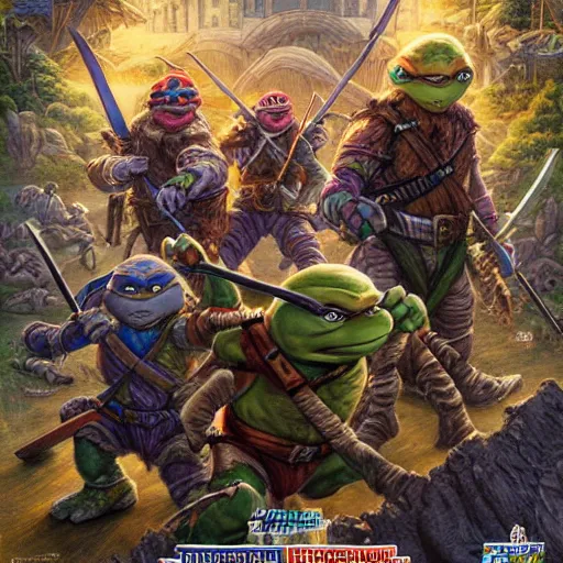 Image similar to teenage mutant ninja dwarves, intricate detail, HDR cinematic poster by Mark Brooks, Donato Giancola, Victor Nizovtsev, Scarlett Hooft, Graafland, Chris Moore”