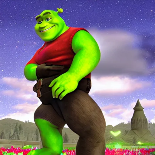 Prompt: a photo of shrek and shadow the hedgehog holding hands in a park