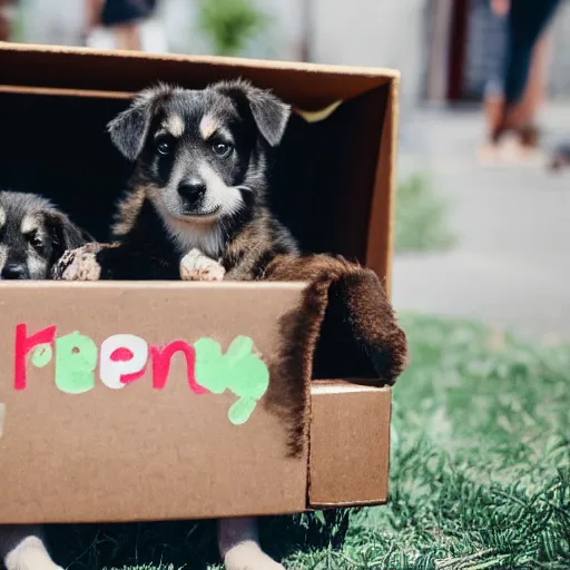 Image similar to photo of a sign beside a box of puppies saying Free Puppies, highly detailed, high quality, HD, 4k, 8k, Canon 300mm, professional photographer, 40mp, lifelike, top-rated, award winning, realistic, sharp, no blur, edited, corrected, trending