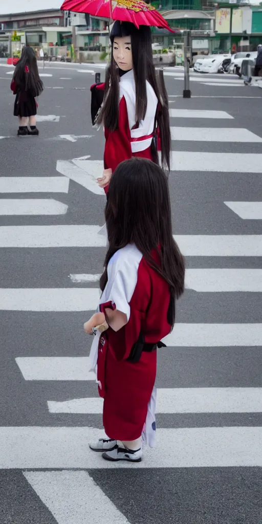 Image similar to a beautiful girl with long hair on japanese uniform high school waiting on a crosswalk daylight, 8 k