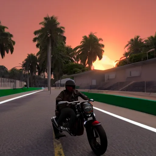 Image similar to a photo of jair messias bolsonaro driving a motorcycle in direction of a sunset, unreal engine 5, 4 k