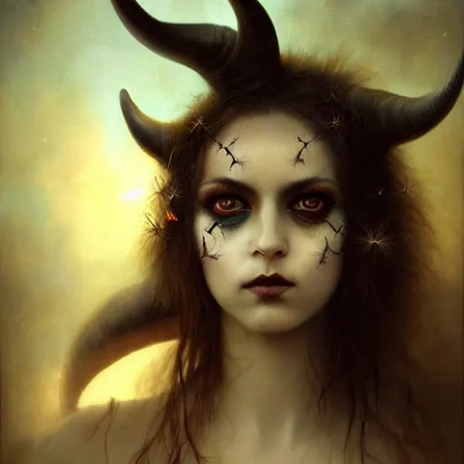 Image similar to By Tom Bagshaw, ultra realist soft painting portrait of curiosities carnival by night, very beautiful horned single zynoid fully dressed fading, symmetry accurate features, very intricate details, ominous sky, black and white, volumetric light clouds