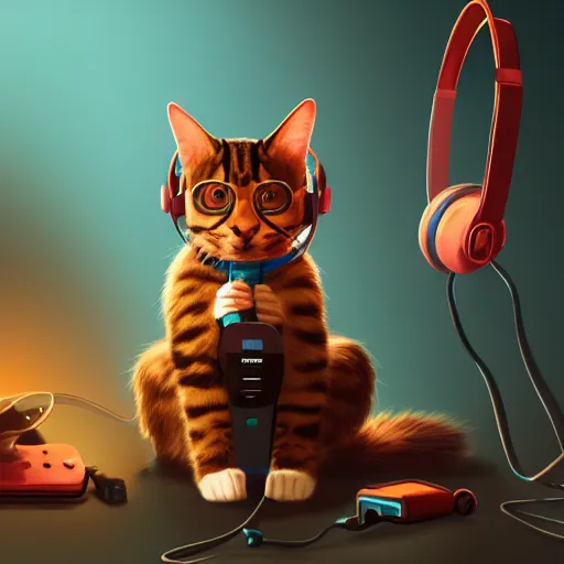 Prompt: A cat playing video games, uplifting , wearing a headset, fantasy, digital painting, trending on ArtStation, HDR shot,