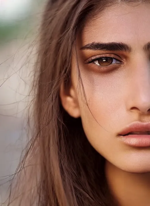 Prompt: A close-up photo of a beautiful middle eastern 22 year old girl with hazel eyes, straight hair in a ponytail, looking at the camera, a slight smile, super beauty, super model, detailed face features, hyper realism, studio, shallow depth of field, uplifting background, photography from Vogue magazine, by Martin Shcoeller