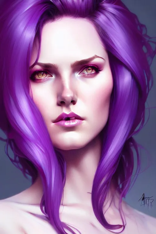 Image similar to Purple hair, creative colouring Portrait of woman, fashion, intricate, elegant, highly detailed, digital painting, artstation, concept art, smooth, sharp focus, illustration, art by artgerm and greg rutkowski and alphonse mucha