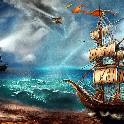 Image similar to pirate ship fly nekclace clothing fashoin village pretty place landscape concept art City fantasy artwork