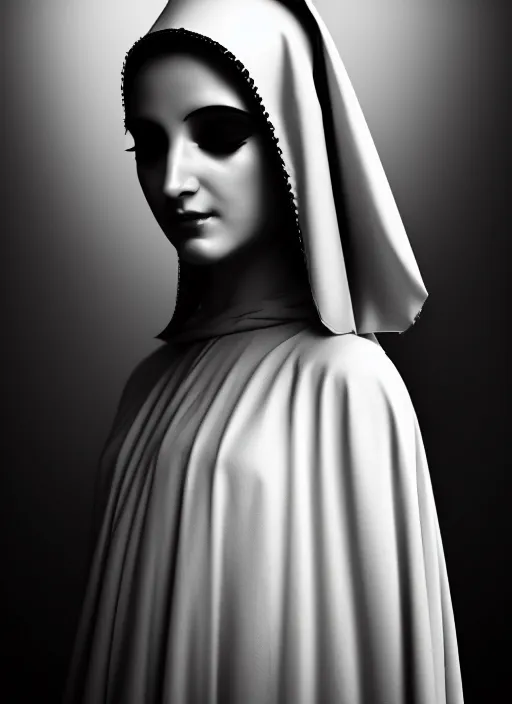 Image similar to surreal mythical dreamy dark artistic black and white fine art fashion portrait photo of a young beautiful delicate female robot - nun praying, spiritual, halo, glory, rim light, cinematic, studio dramatic light, poetic, masterpiece, octane render, 8 k, photo - realistic by gustave dore william black