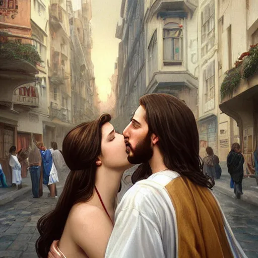 Image similar to jesus kissing a woman in a street, elegant, highly detailed, digital painting, artstation, concept art, matte, sharp focus, highly detailed, 4 k, hdr, smooth, sharp focus, high resolution, award - winning photo, photorealistic, art by artgerm and greg rutkowski and alphonse mucha, large shot