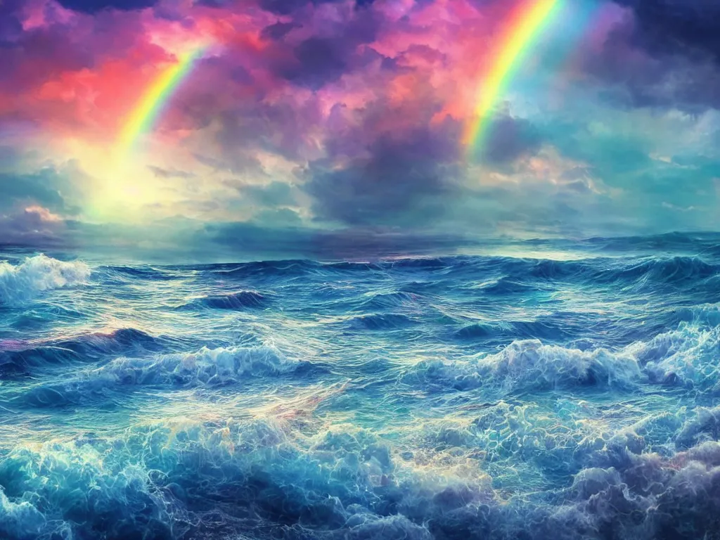 Prompt: Stunning dreamy rainbow colored stormy waves on beach full of blue sand and crystal gems, avatar, sunny rainbow galaxy stormy sea, cinematic, sunset, hyper-realistic, high resolution, concept art, artstation