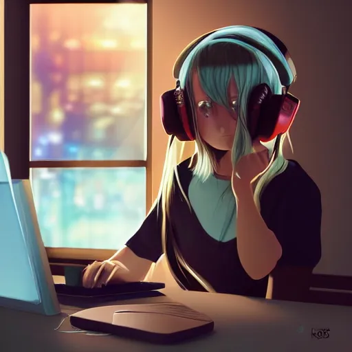 Image similar to a digital painting of a frowning beautiful anime girl with long silver hair with headphones and a face mask in coffeeshop working on her laptop, digital art, backlight, ilya kuvshinov, high detail, blue anime eyes