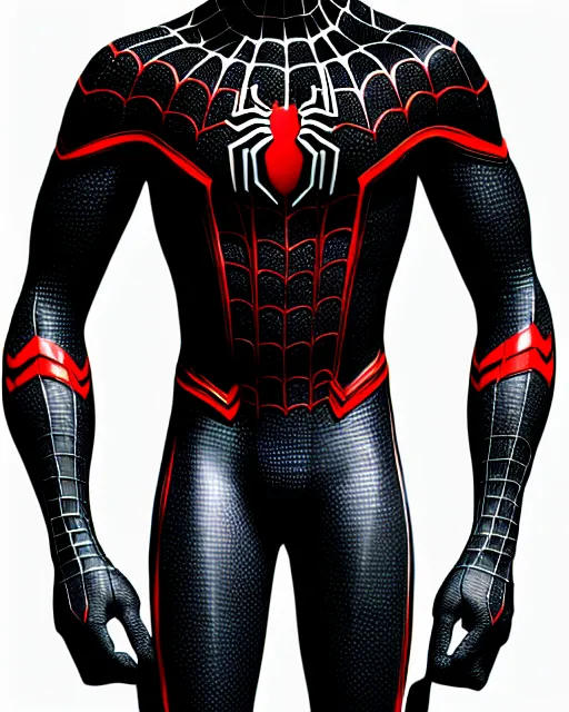 Prompt: photorealistic, hyperdetailed sketch of black spider - man suit with white webbing by insomniac games