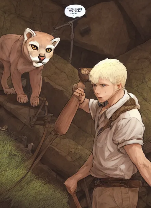 Image similar to fursona character portrait of a man with an albino mountain lion's head wearing miner's clothes at the mines. hidari, color page, tankoban, 4K, tone mapping, Akihiko Yoshida.