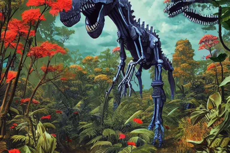 Prompt: 2 d gouache illustration, a lot of exotic vegetation, trees, tremendous skeletal robotic ancient dinosaur, flowers, oldschool vintage sci - fi flat surreal design, super - detailed, painting by satoshi kon, hd, 4 k, high quality