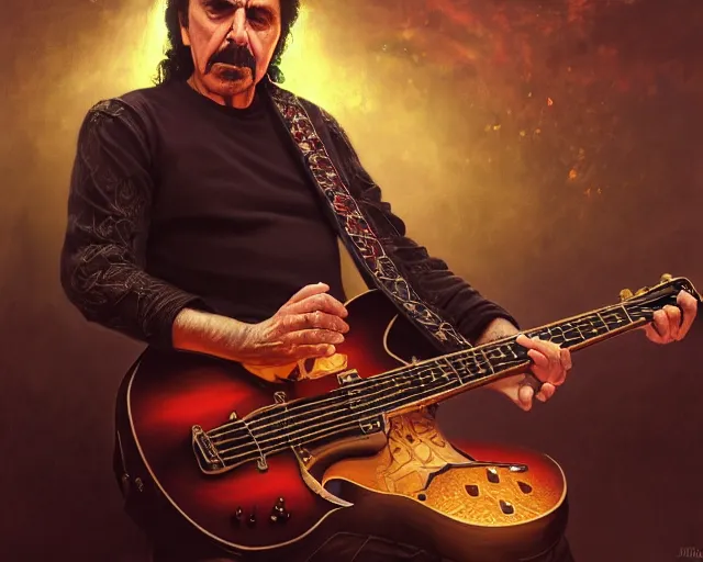 Prompt: photography of tony iommi playing a guitar at a tavern concert, 8 k, deep focus, d & d, fantasy, intricate, elegant, highly detailed, digital painting, artstation, concept art, matte, sharp focus, illustration, hearthstone, art by artgerm and greg rutkowski and alphonse mucha