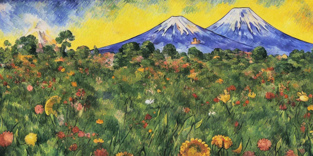 Image similar to Rick and morty in a Field of mixed flowers, Mount Fuji blurred in the background, good news on Sunday, Cézanne style,XIXth century painting with gold frame