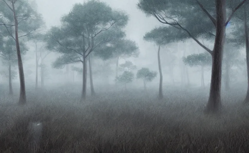 Prompt: kofun, pine forest, rain, fog, megalithic structure, highly detailed, digital painting, architecture, artstation, concept art, sharp focus, illustration