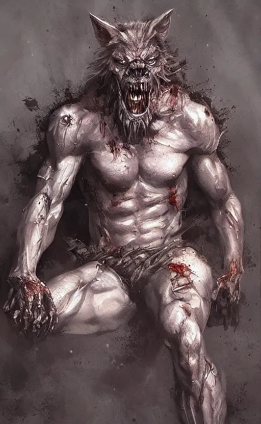 Prompt: Portrait of a zombie werewolf sitting down, male, muscular, bare thighs!!!, simple clothing!!!!!, fantasy, medieval, highly detailed, cinematic lighting, digital art painting by greg rutkowski