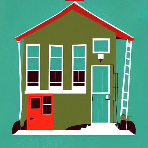 Prompt: vector illustration of people looking at a house, tom whalen, sea green color theme