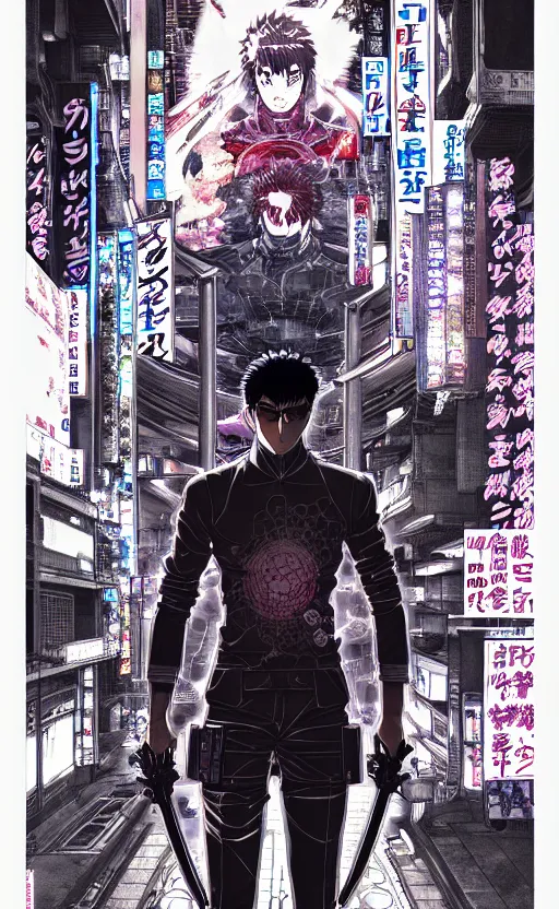 Image similar to an intricate detailed main cover of the manga, a strong male anime hero with two magical swords, in neo tokyo cyberpunk city with spirit sight, by Katsuhiro Otomo + Sui Ishida, in the anime Ghost In the Shell, trending on artstation + clean lines + lineart +clean edges