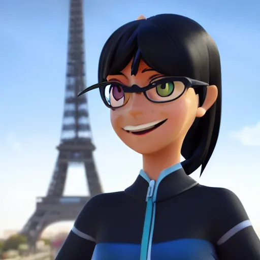 Image similar to Marinette Dupain-Cheng from Miraculous: Tales of Ladybug & Cat Noir action pose in front of the eiffel tower, octane render, close-up, fresh, sunny day