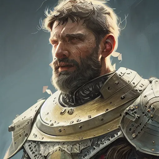 Image similar to portrait of a rugged male armored paladin, D&D, fantasy, intricate, elegant, highly detailed, digital painting, artstation, concept art, smooth, sharp focus, illustration, art by artgerm and greg rutkowski and alphonse mucha