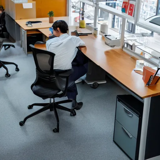 Prompt: the hottest day on record, office worker really struggling, 4 k photo