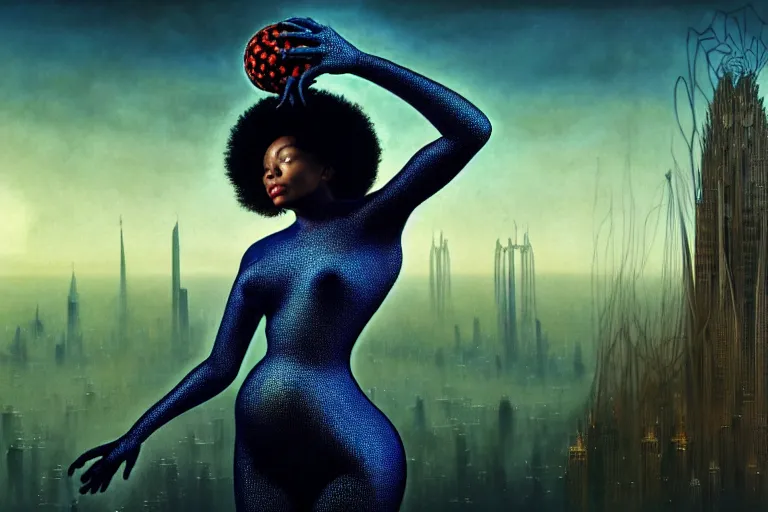 Image similar to realistic detailed photorealistic film portrait shot of a beautiful black woman with a giant spider, sci-fi city landscape background by Denis Villeneuve, Amano, Yves Tanguy, Alphonse Mucha, Ernst Haeckel, Max Ernst, Andrei Tarkovsky, Edward Robert Hughes, Roger Dean, necklace, dynamic pose, rich moody colours, wide angle, blue eyes