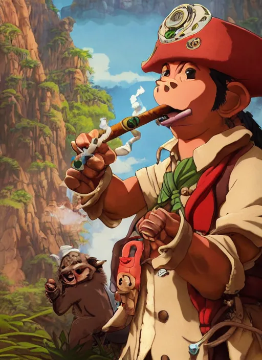 Image similar to studio ghibli pathfinder 2 e illustration of a pirate goblin mixed with a monkey smoking a cigar, character portrait, unreal engine, hyper realism, realistic shading, cinematic composition, realistic render, octane render, detailed textures, photorealistic, wide shot