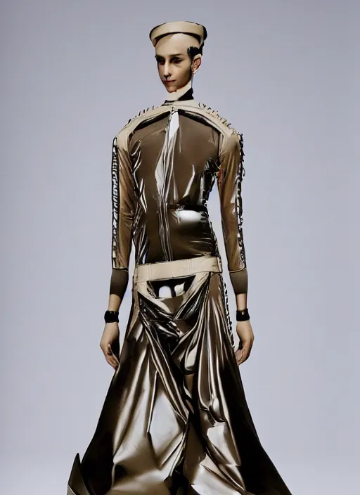 Prompt: a portrait of a model detailed features wearing a cargo latex wedding dress - chic'techno fashion trend lots of zippers, pockets, synthetic materials, jumpsuits. by issey miyake and mitsuo katsui