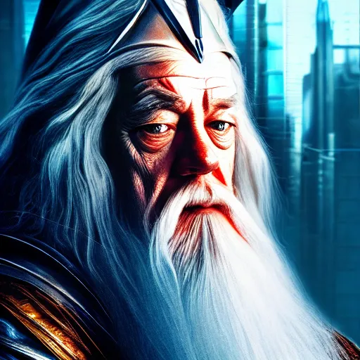 Prompt: Gandalf is a cyborg, cyberpunk, exobiology, hyper realistic, hyper detailed, realistic picture, epic game portrait, high angle shot, Long shot, 4k post-processing highly detailed, , 35mm, Kodachrome film, photograph