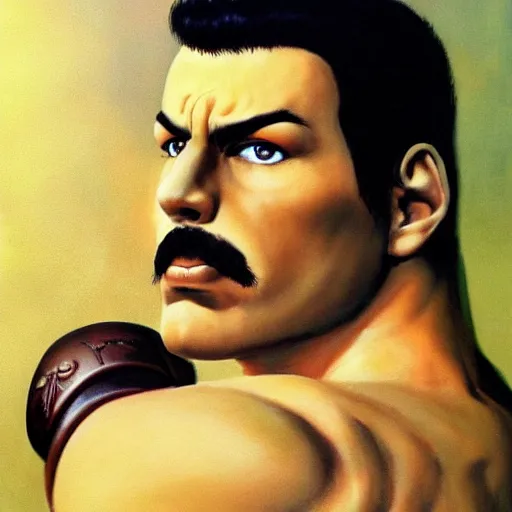 Image similar to ultra realistic freddy mercury as ryu from street fighter, painting by frank frazetta, 4 k, ultra realistic, highly detailed,