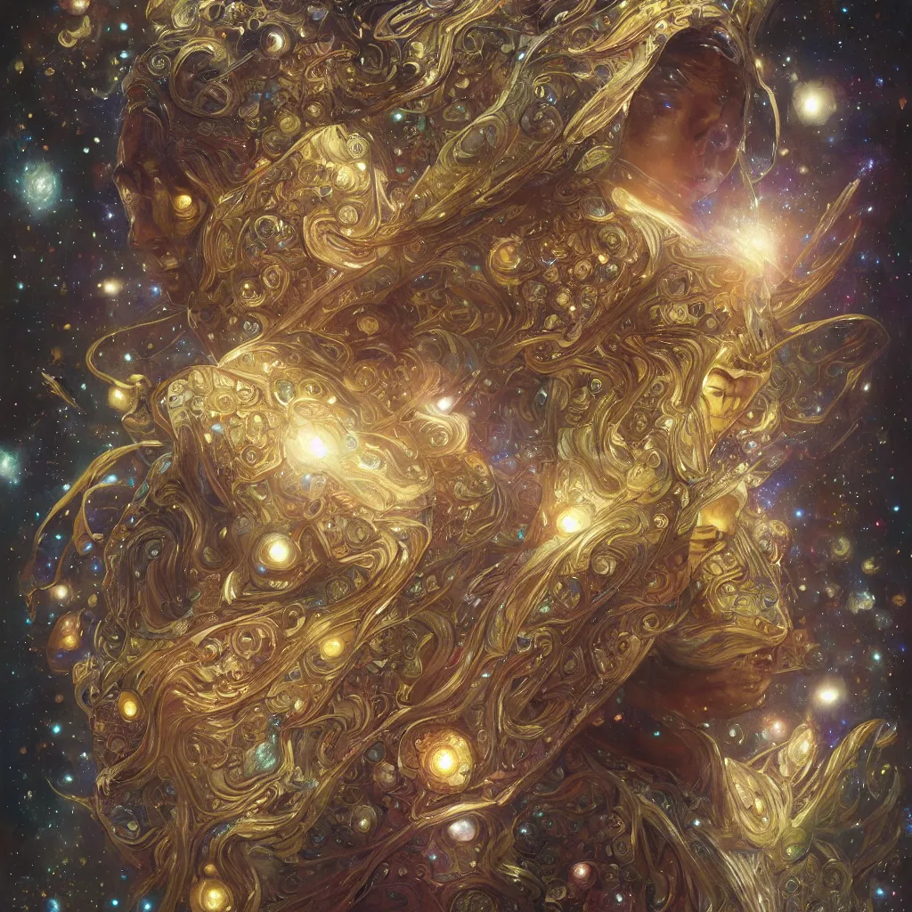 Image similar to portrait of a single cosmic god, suit made out of stars and galaxies and cosmic energy, intricate, headshot, highly detailed, digital painting, artstation, concept art, sharp focus, cinematic lighting, illustration, art by artgerm and greg rutkowski, alphonse mucha, cgsociety