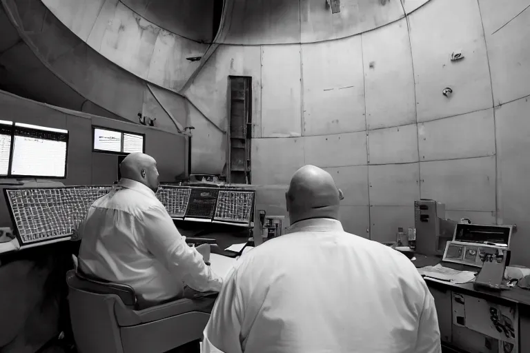 Image similar to heavyset bald man wearing a white shortsleeved shirt and blue jeans working in a nuclear silo control room by Emmanuel Lubezki